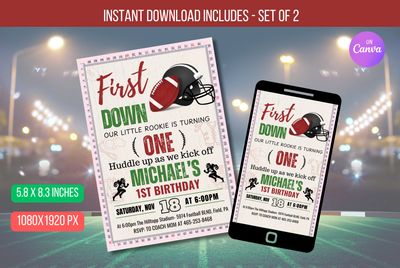 EDITABLE Football 1st Birthday Invitation, Game Time Boy First Birthday Party, First Year Down  Invite Instant Download
