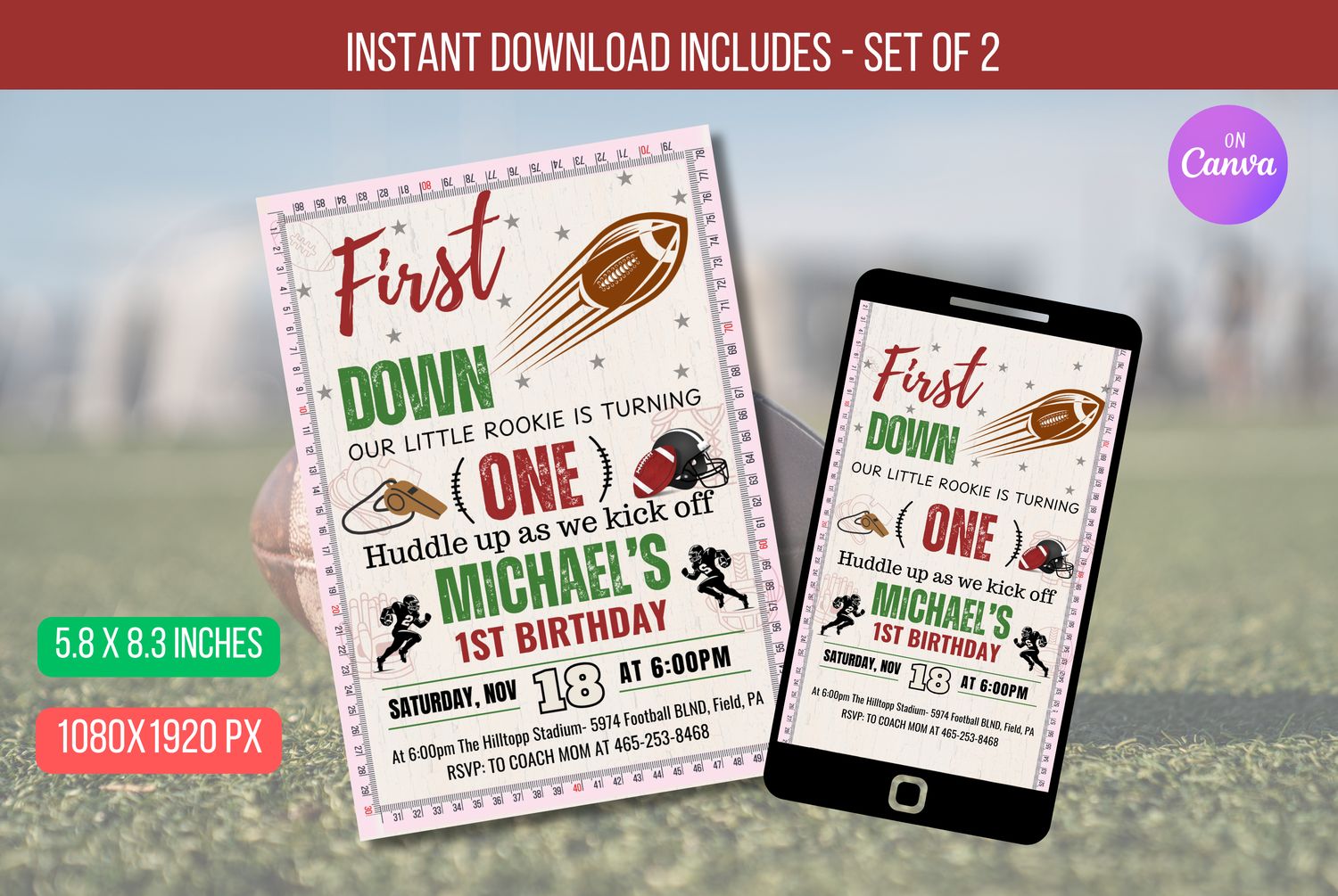 EDITABLE Football 1st Birthday Invitation, Game Time Boy First Birthday Party, First Year Down  Invite Instant Download
