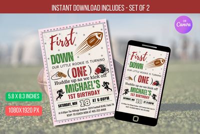 EDITABLE Football 1st Birthday Invitation, Game Time Boy First Birthday Party, First Year Down  Invite Instant Download