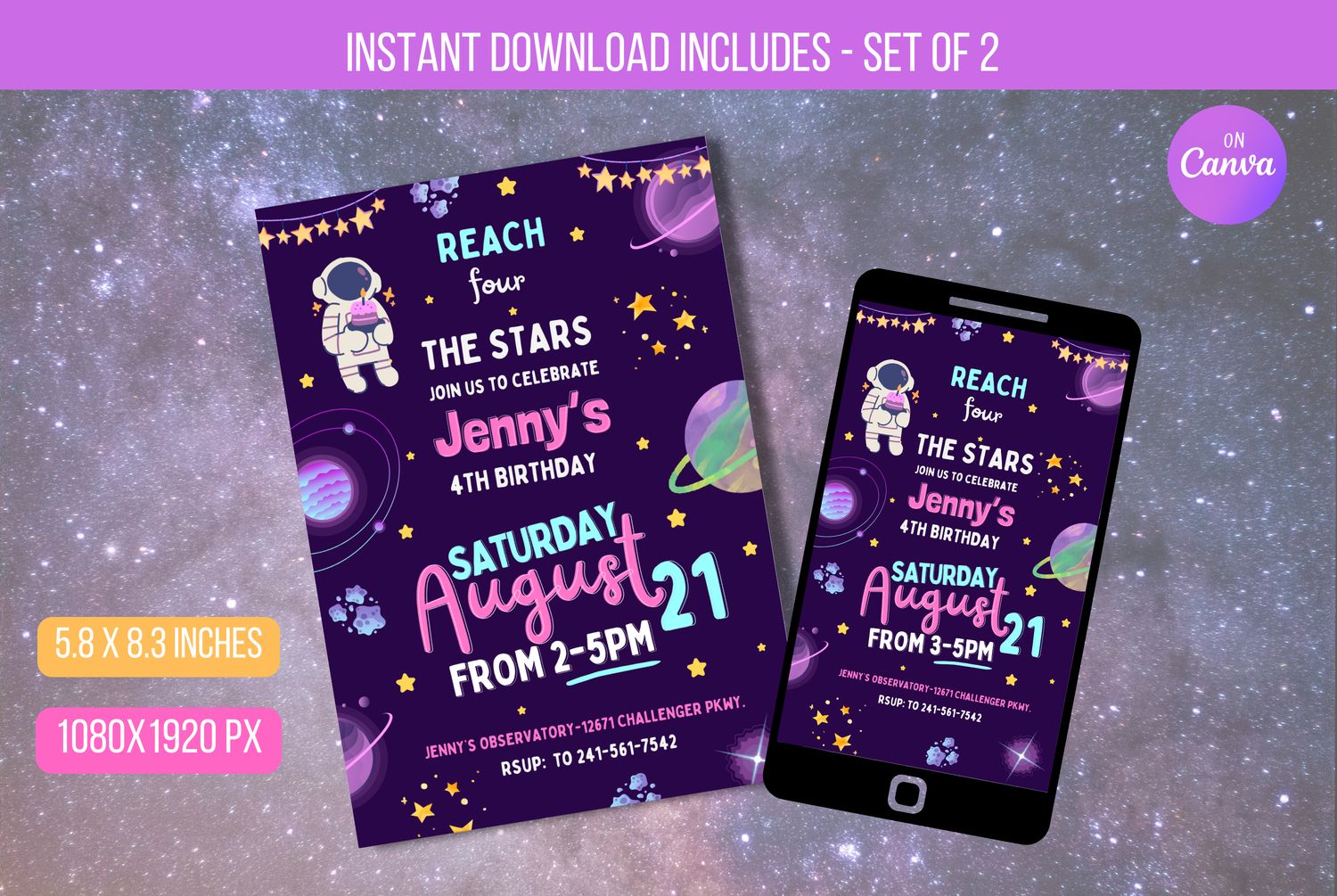 Editable Reach Four the Stars Invitation, Outer Space Planets Astronaut Birthday, Printable Space Party Invitation, E-vite Instant Download