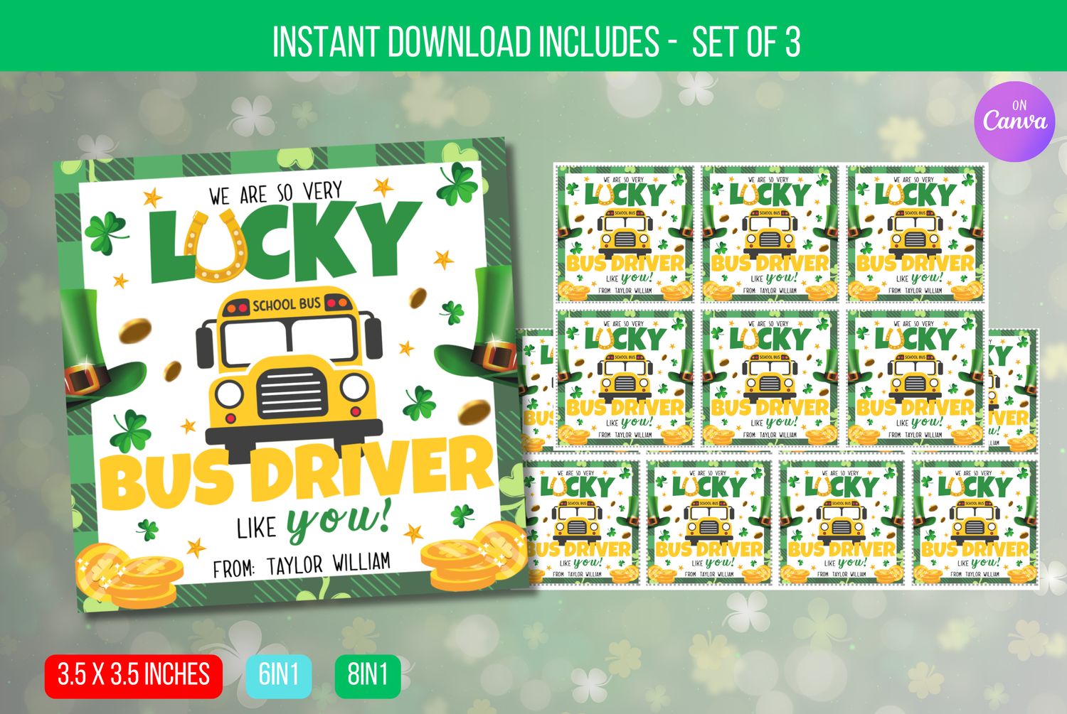 EDITABLE St. Patrick&#39;s Day Bus Driver Gift Tag, Appreciation School PTO PTA, Lucky To Have A Bus Driver Like You Instant Download