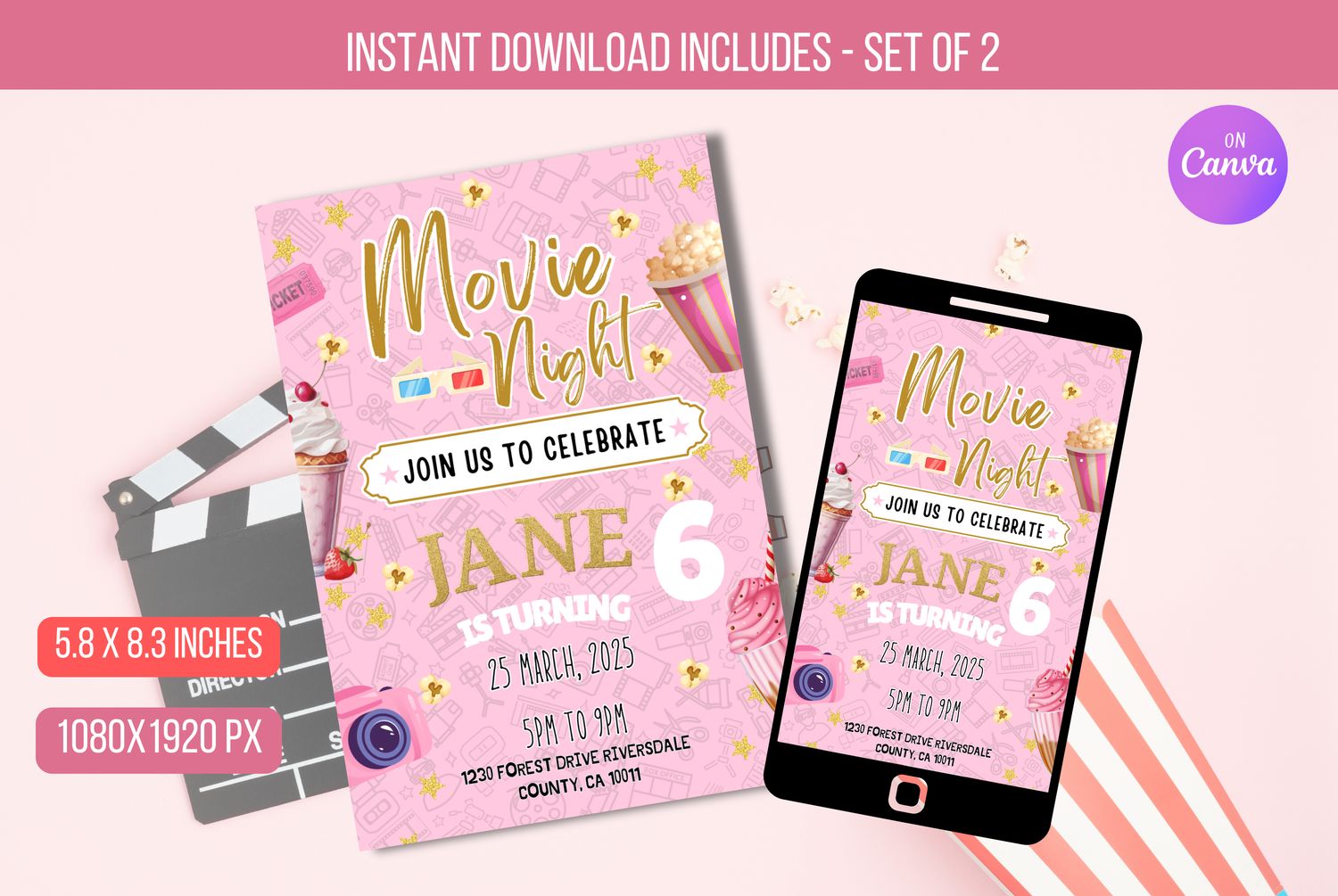 EDITABLE Movie Night Birthday Invitation, Cinema, Pastel, Movie, Popcorn, Invitation, 6TH Birthday, Birthday Party Invite Instant Download