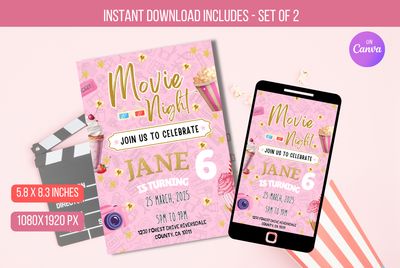 EDITABLE Movie Night Birthday Invitation, Cinema, Pastel, Movie, Popcorn, Invitation, 6TH Birthday, Birthday Party Invite Instant Download