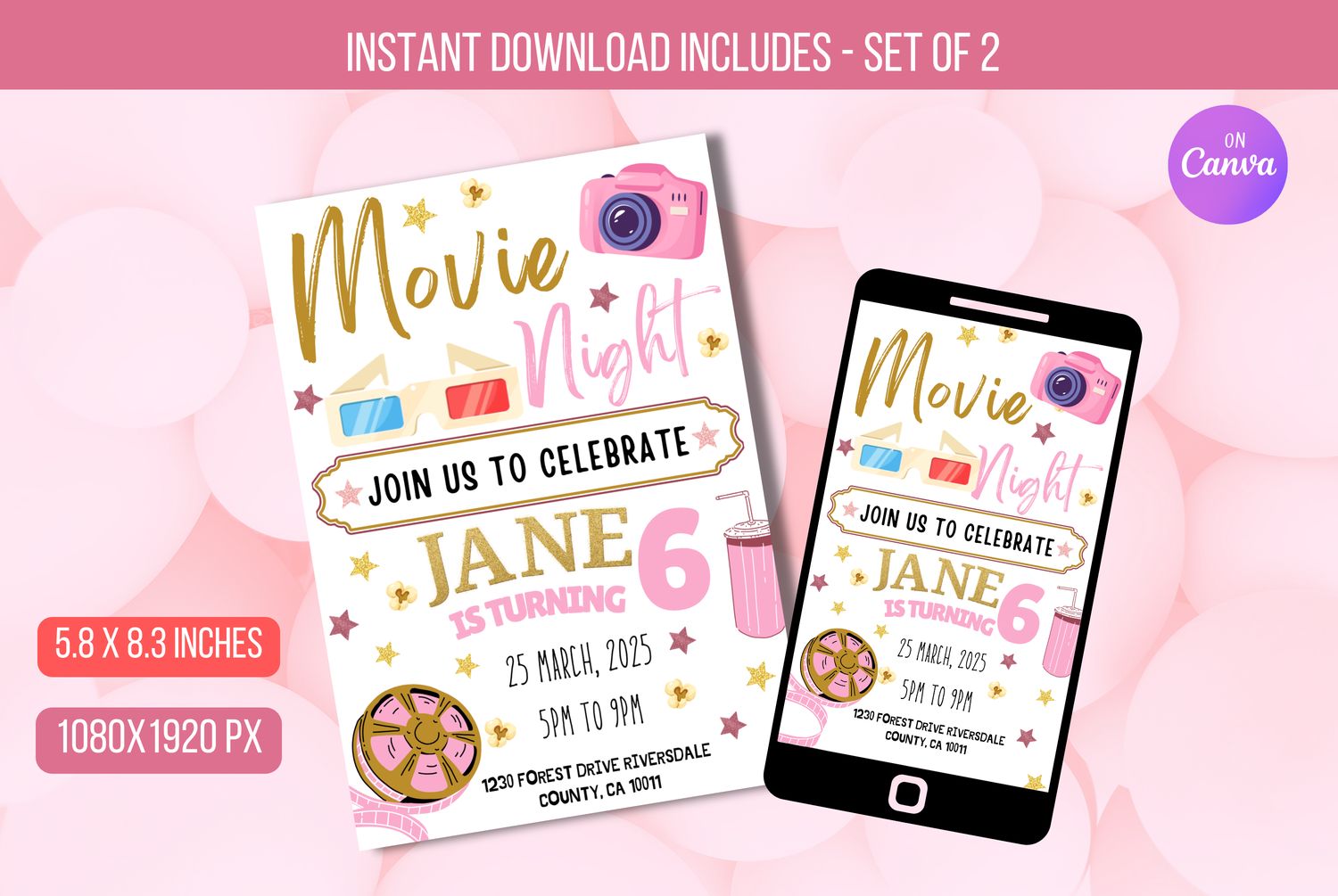 EDITABLE Movie Night Birthday Invitation, Cinema, Pastel, Movie, Popcorn, Invitation, 6TH Birthday, Birthday Party Invite Instant Download