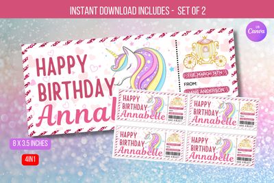 EDITBALE Unicorn Birthday Ticket Invitation, Unicorn Themed Party, Unicorn Rainbow Party Invite, Unicorn Birthday Invite Instant download