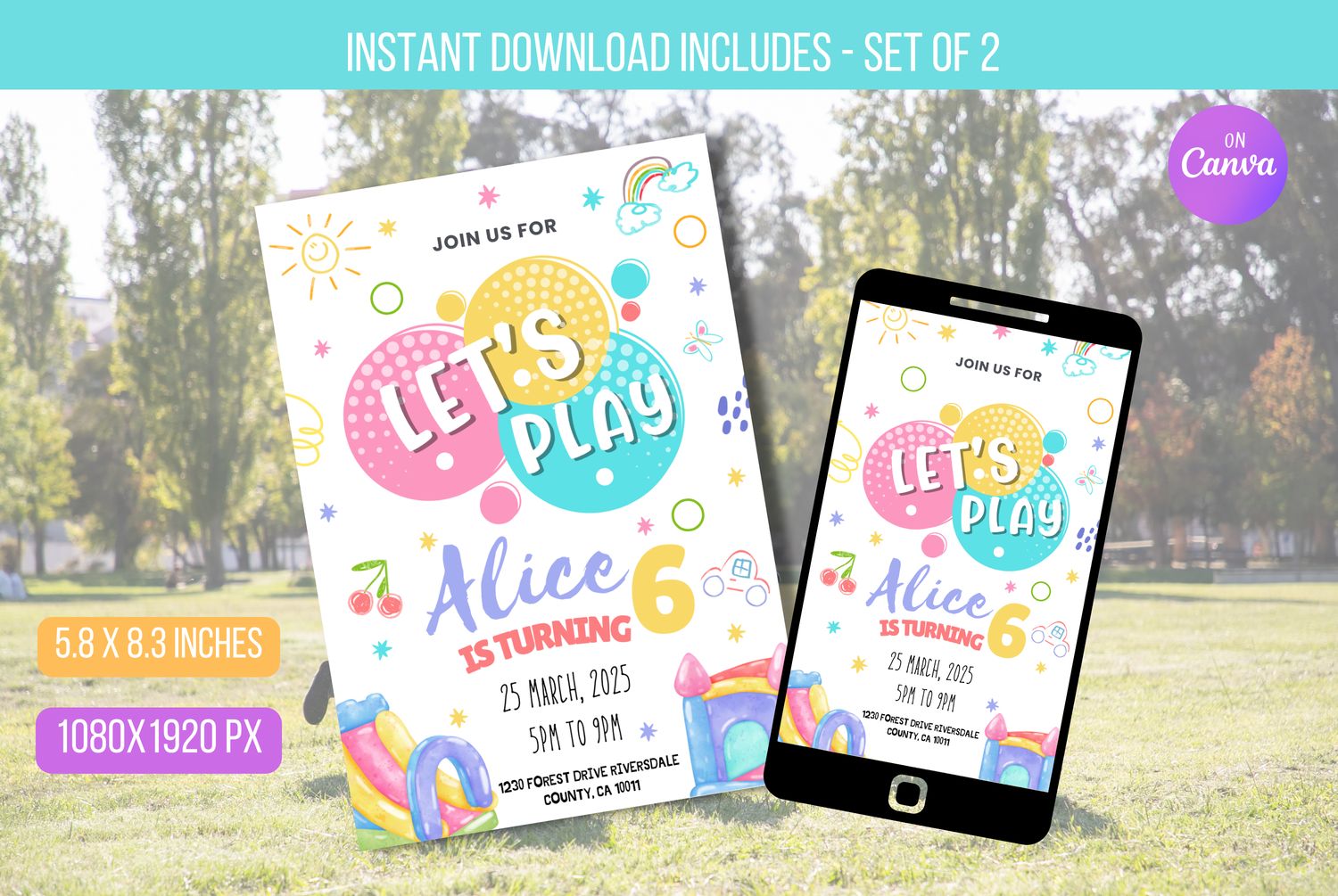 Editable Playground Birthday Party Invitation, Let&#39;s Play, Magical, Rainbow Girl Party, Park Invite, Pastel Birthday Girl Instant Download