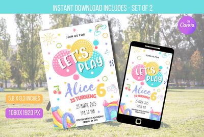 Editable Playground Birthday Party Invitation, Let&#39;s Play, Magical, Rainbow Girl Party, Park Invite, Pastel Birthday Girl Instant Download