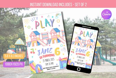 Editable Playground Birthday Party Invitation, Let&#39;s Play, Magical, Rainbow Girl Party, Park Invite, Pastel Birthday Girl Instant Download