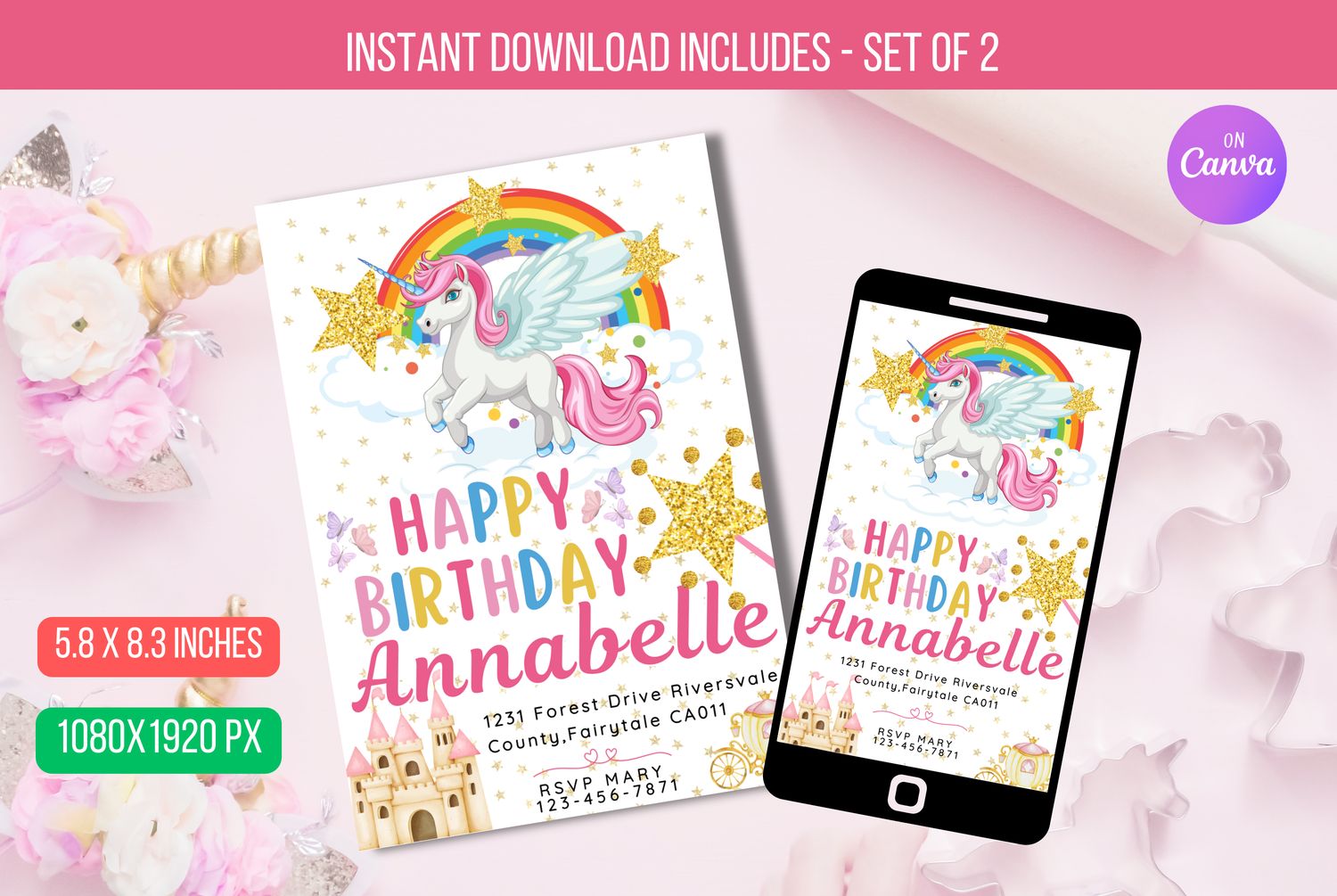 EDITBALE Unicorn Birthday Invitation, Unicorn Themed Party, Unicorn Rainbow Party Invite, Unicorn Birthday Invite Instant download