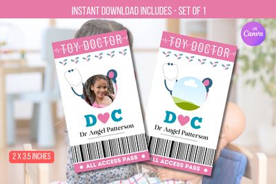 EDITABLE Toy Doctor name tag, Toy Doc party, Pretend play doctor, Doctor badge, Nurse name tag, Doctor name tag Instant Download