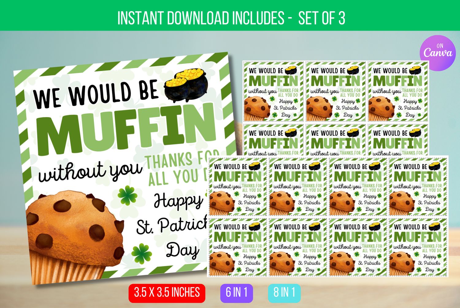 EDITABLE We Would Be Muffin Without You Thank You Appreciation, St. Patrick&#39;s Day Muffin Gift Tags, Muffin Appreciation Tag Instant Download