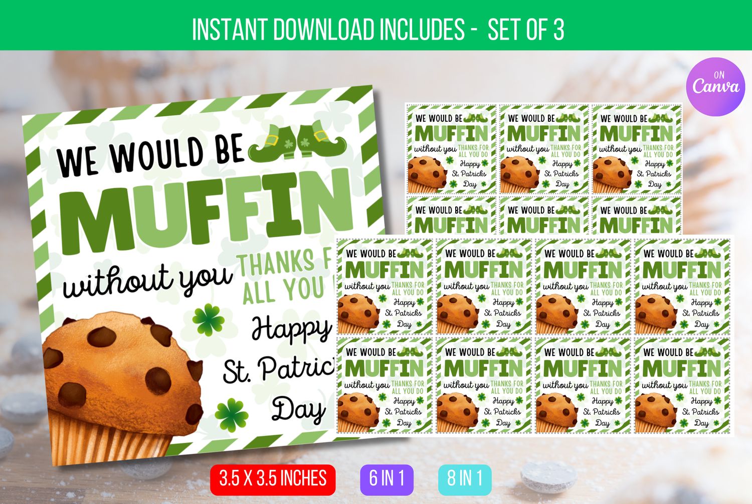 EDITABLE We Would Be Muffin Without You Thank You Appreciation, St. Patrick&#39;s Day Muffin Gift Tags, Muffin Appreciation Tag Instant Download