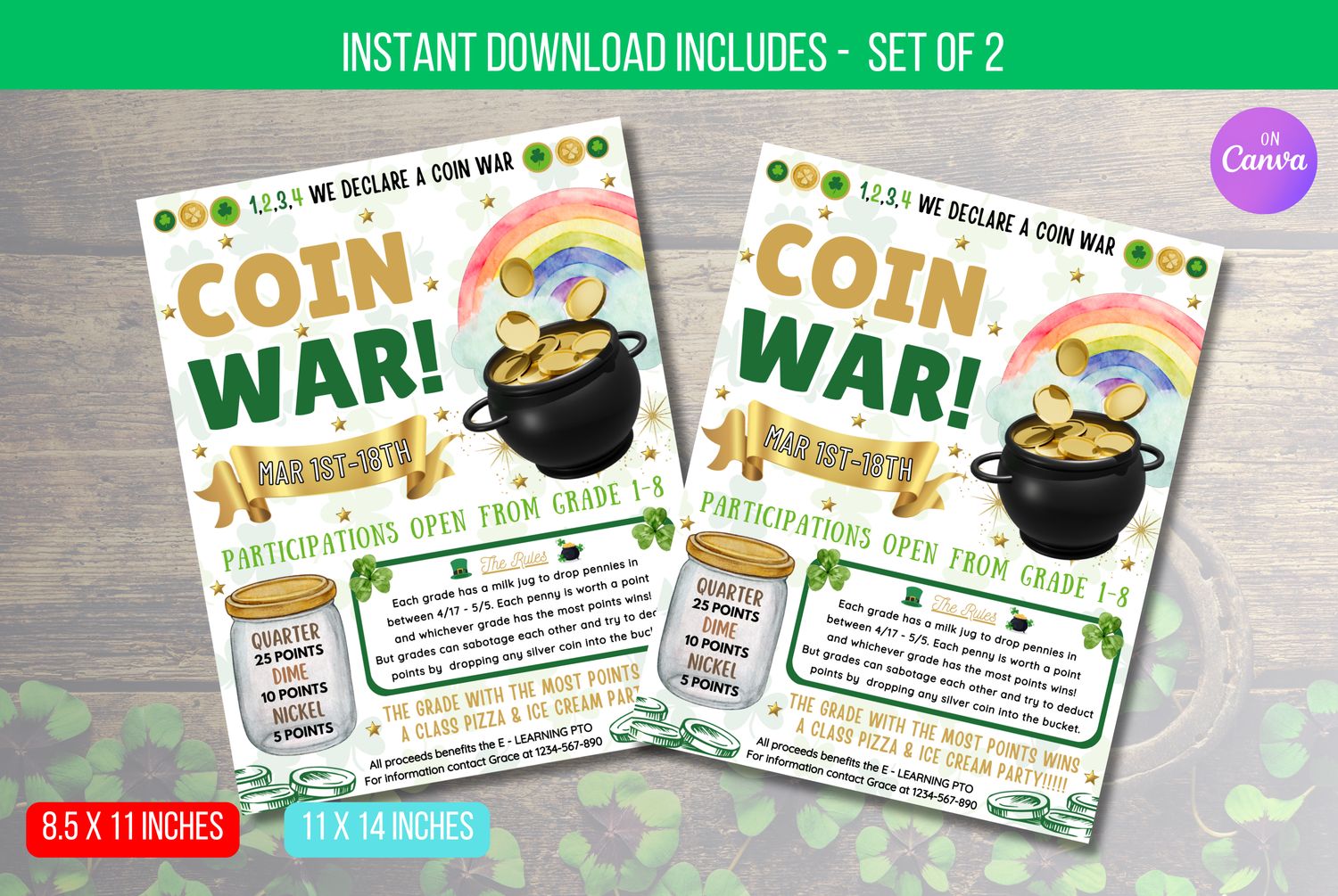 EDITABLE St. Patrick Week Coin War Fundraiser Flyer, Printable Handout, School Fundraiser Event, Church, Nonprofit PTO PTA Event, Template