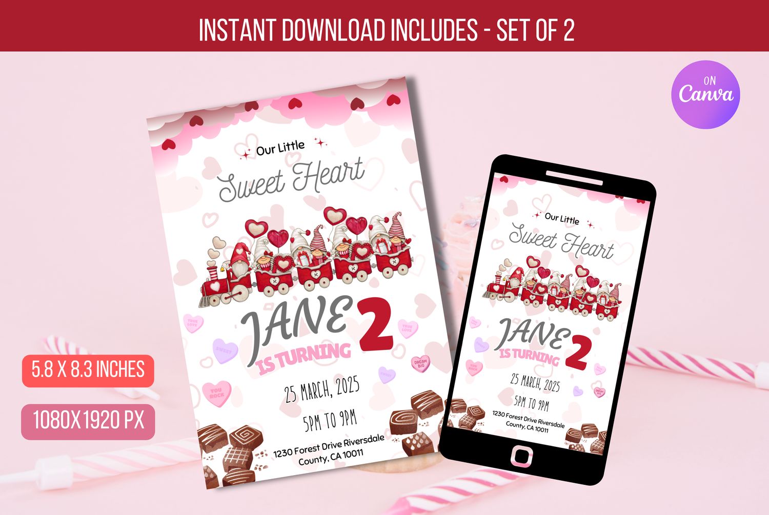 Editable Sweetheart Birthday Invitation, Valentine&#39;s Day 2nd Birthday Invite, Pink Love Heart Birthday, Our Little Sweet Heart  Download
