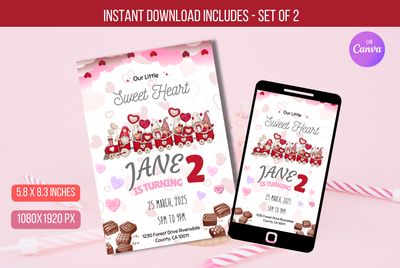 Editable Sweetheart Birthday Invitation, Valentine&#39;s Day 2nd Birthday Invite, Pink Love Heart Birthday, Our Little Sweet Heart  Download