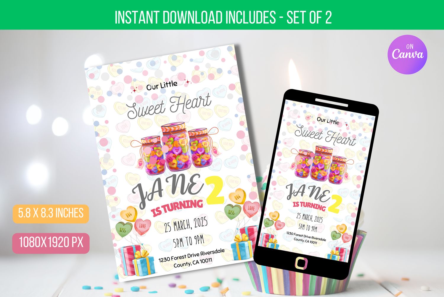 Editable Sweetheart Birthday Invitation, Valentine&#39;s Day 2nd Birthday Invite, Pink Love Heart Birthday, Our Little Sweet Heart  Download