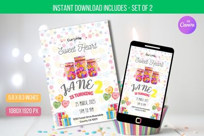 Editable Sweetheart Birthday Invitation, Valentine&#39;s Day 2nd Birthday Invite, Pink Love Heart Birthday, Our Little Sweet Heart  Download