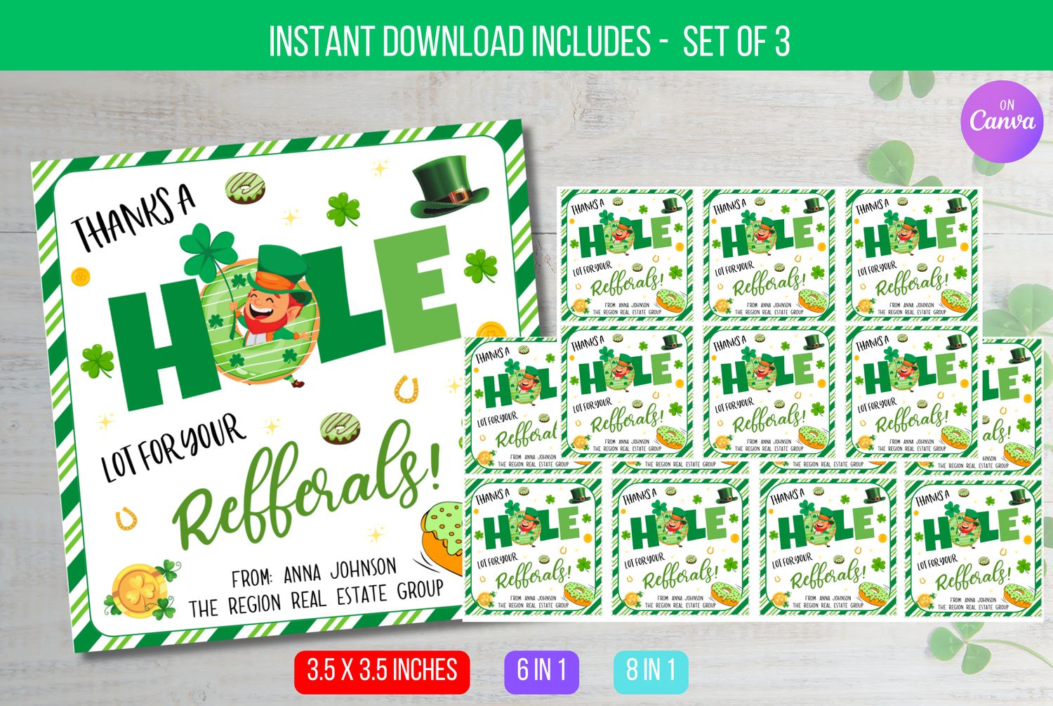 EDITABLE St Patrick&#39;s Donut Pop-By Gift Tag, Real Estate Pop By, Thanks A Hole Bunch Label, Referral Appreciation Gift Tags Instant Download