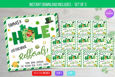 EDITABLE St Patrick&#39;s Donut Pop-By Gift Tag, Real Estate Pop By, Thanks A Hole Bunch Label, Referral Appreciation Gift Tags Instant Download
