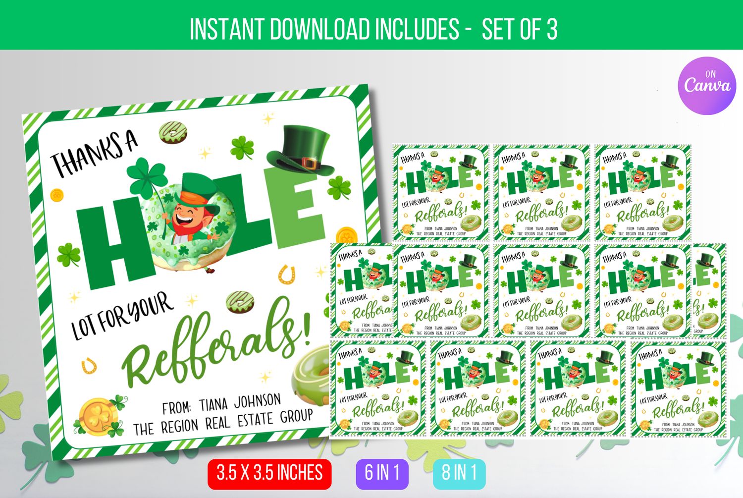 EDITABLE St Patrick&#39;s Donut Pop-By Gift Tag, Real Estate Pop By, Thanks A Hole Bunch Label, Referral Appreciation Gift Tags Instant Download
