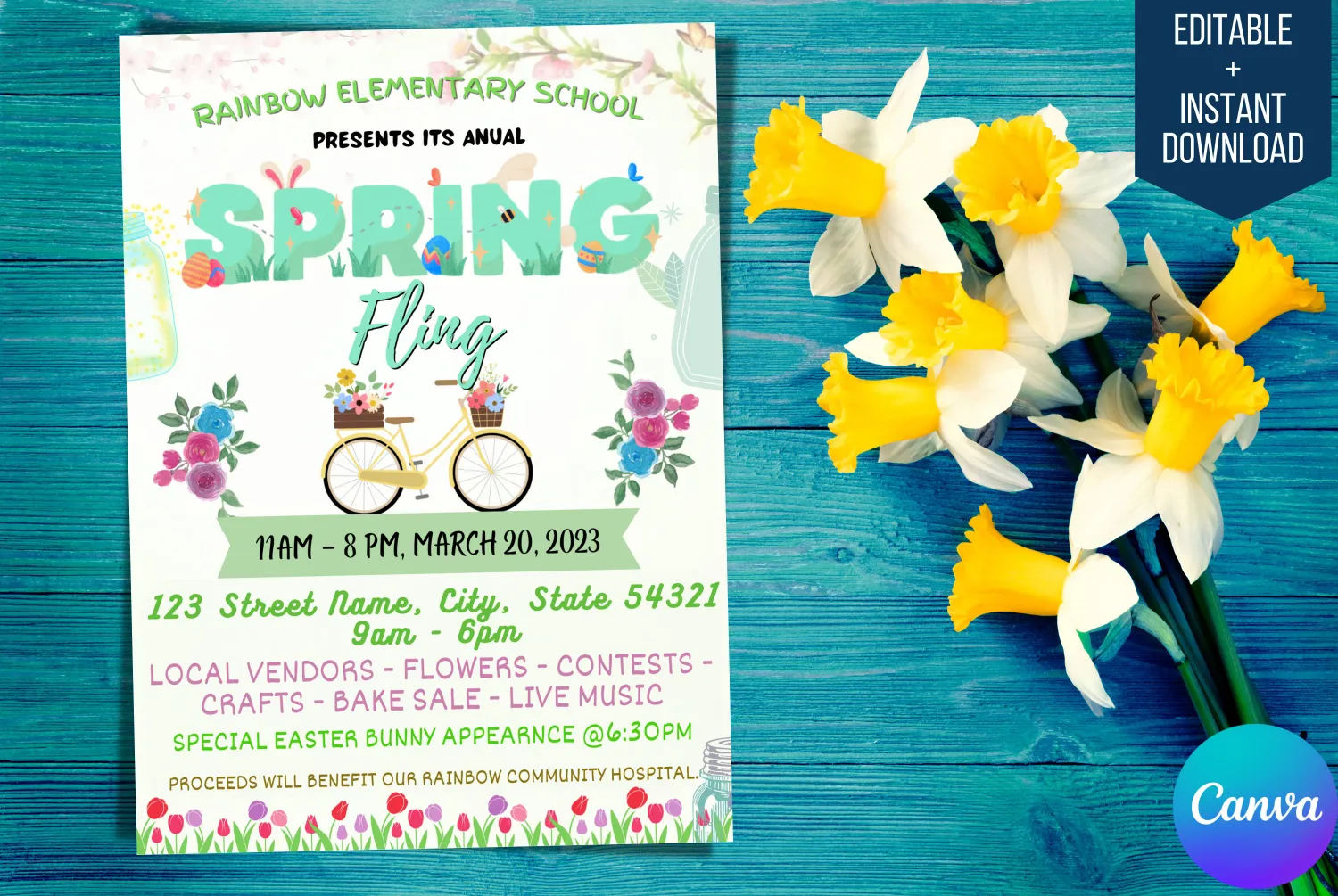 Spring market flyer, Fling EDITABLE poster for Bazaar, Easter festival, fundraiser event, PTA PTO, Craft show, Printable flyer, Spring fling