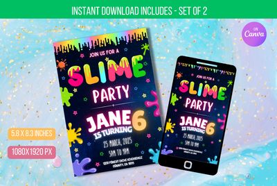 Editable Slime Party Birthday Invitation, Slime thank you tag, Slime Glow Birthday Invitation, Slime Party Invitation Instant Download
