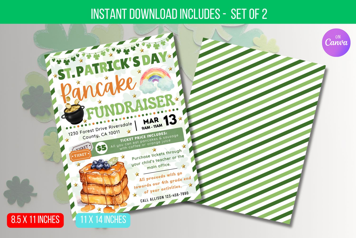 EDITABLE St Patricks Day Fundraiser Flyer Template, St Patrick&#39;s Day Pancake Breakfast Flyer, Charity Community School PTO PTA Event Flyer