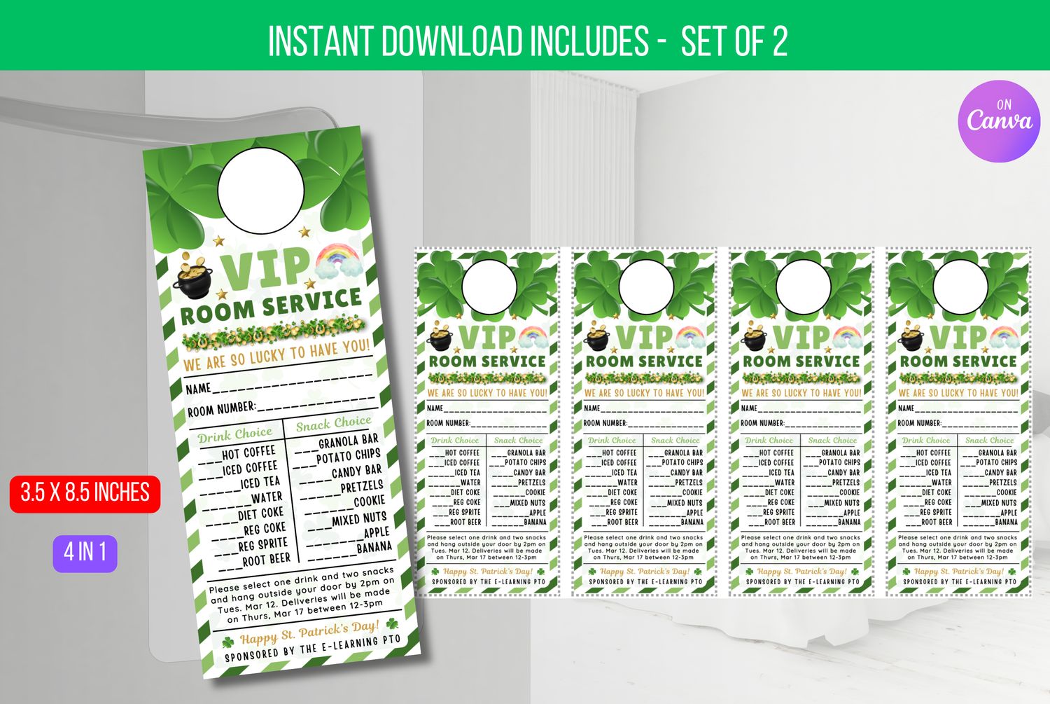 EDITABLE St Patricks Day VIP Room Service Door Hanger, Teacher and Staff Appreciation, Thank You Tag School Pto Pta Instant Download