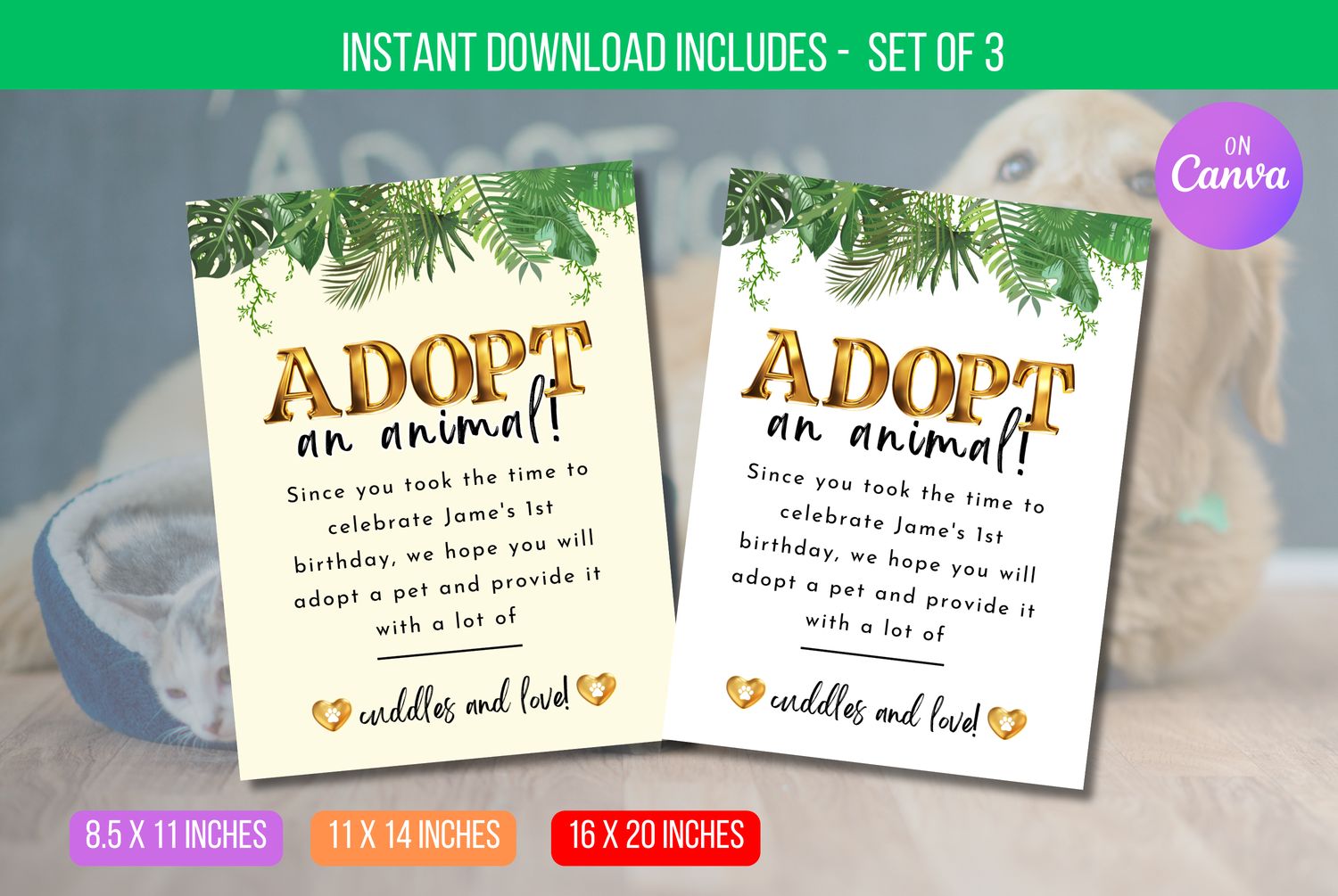 EDITABLE  Adopt An Animal Printable Sign, Kitty Cat Party, Dog Adoption, Pet Adoption, Puppy Adoption Party Instant Download