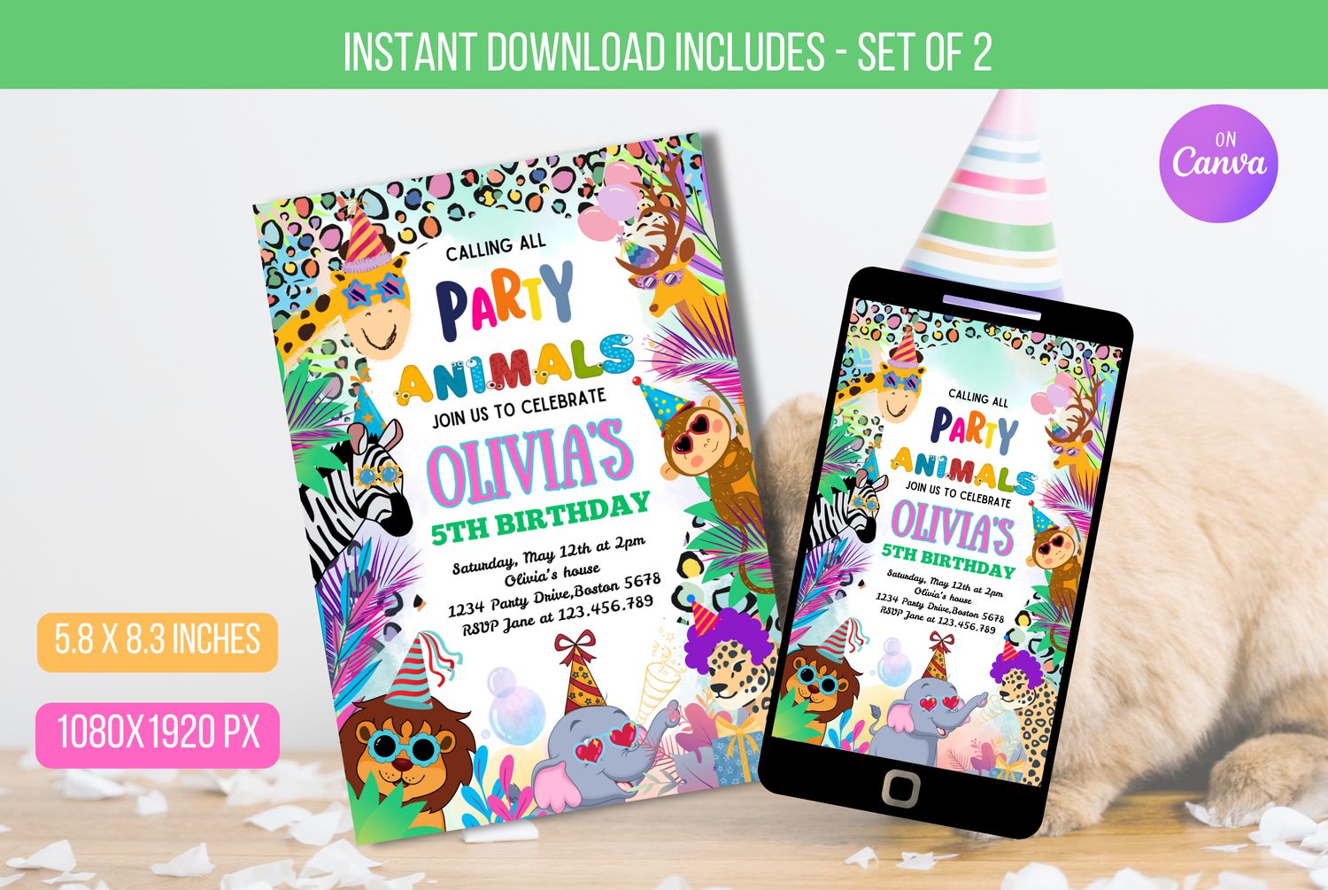 Editable Party Animals Birthday Invitation, Birthday Party Invitation with Rainbow Cheetah Print, Leopard Print, and Wild Safari Animals