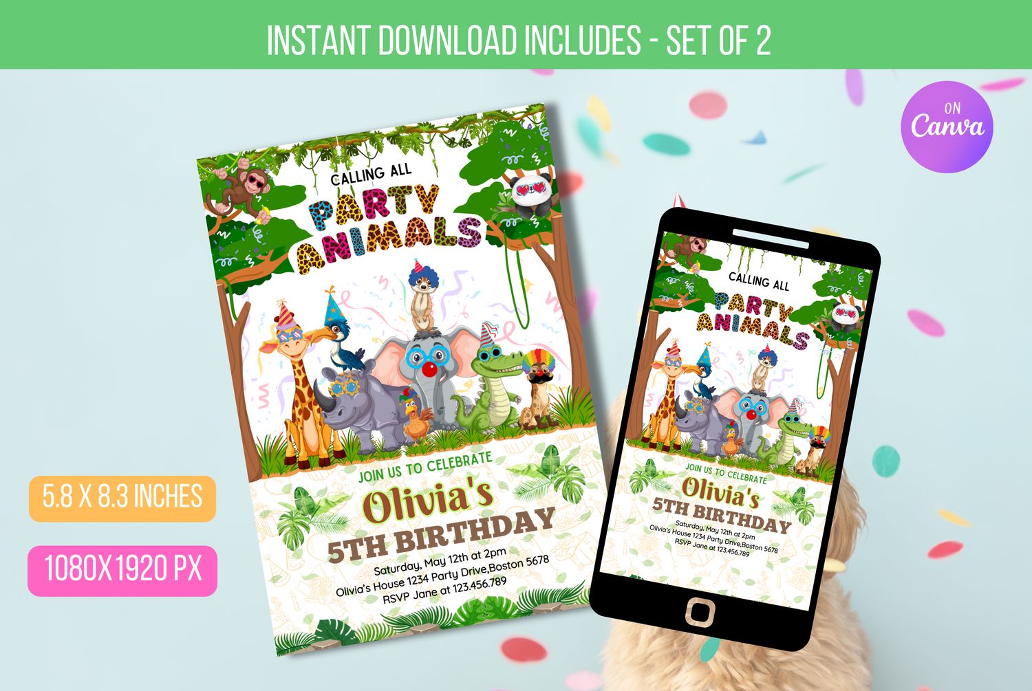 Editable Party Animals Birthday Invitation, Birthday Party Invitation with Rainbow Cheetah Print, Leopard Print, and Wild Safari Animals