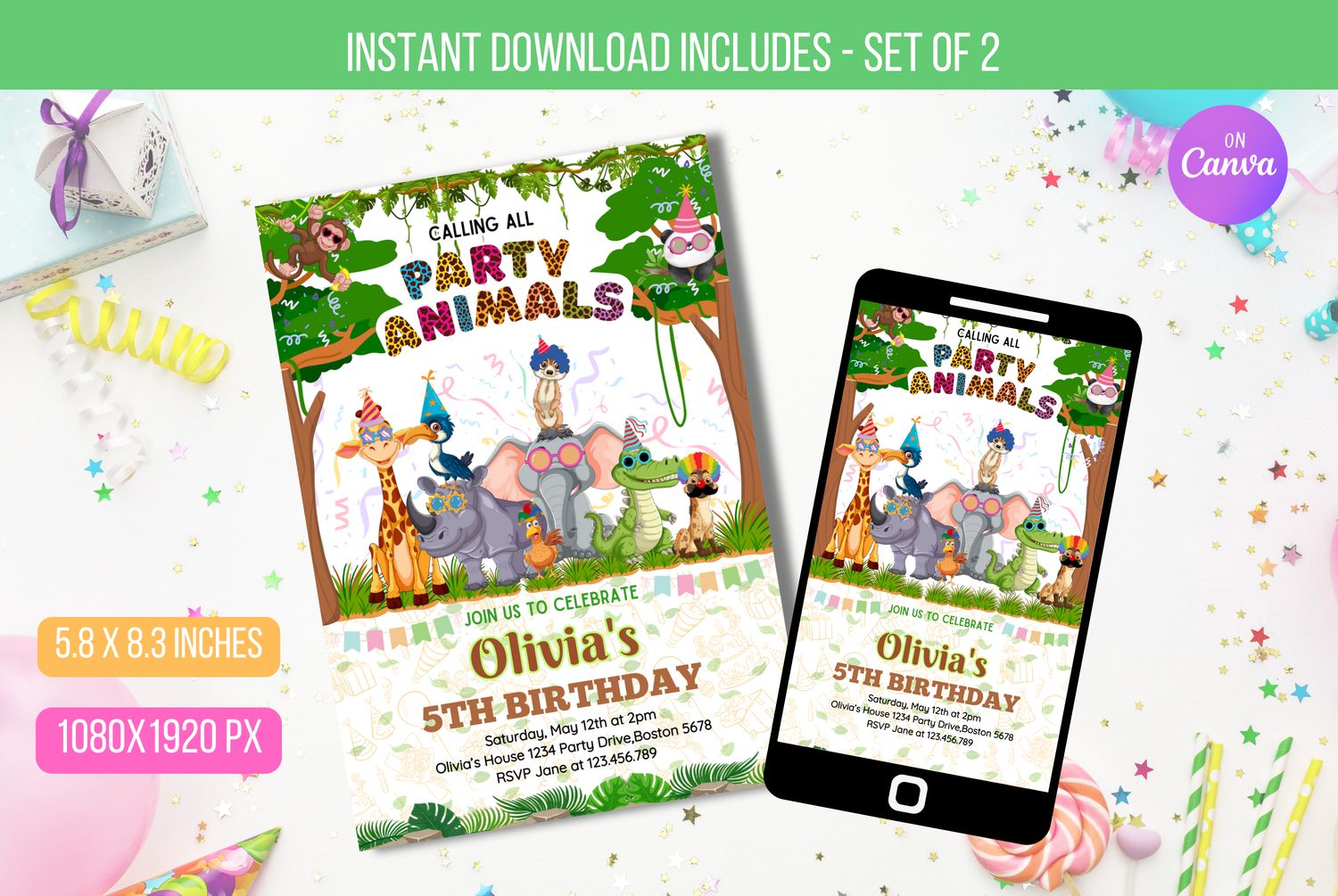 Editable Party Animals Birthday Invitation, Birthday Party Invitation with Rainbow Cheetah Print, Leopard Print, and Wild Safari Animals