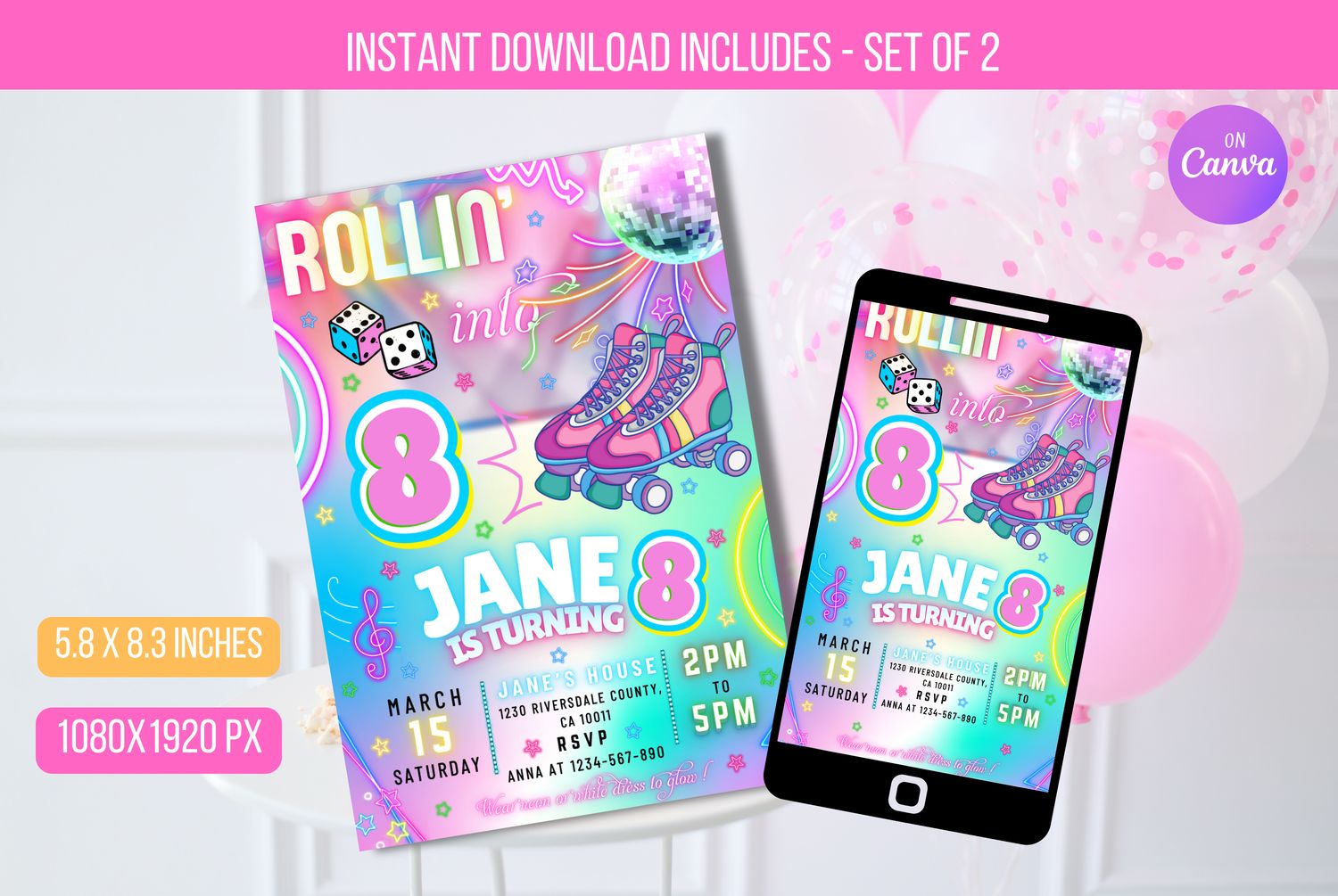 Editable Roller Skating Birthday Invitation, Rainbow Rolling Into 8 Years Old, Retro Neon Glow Skate Party Invite Instant Download