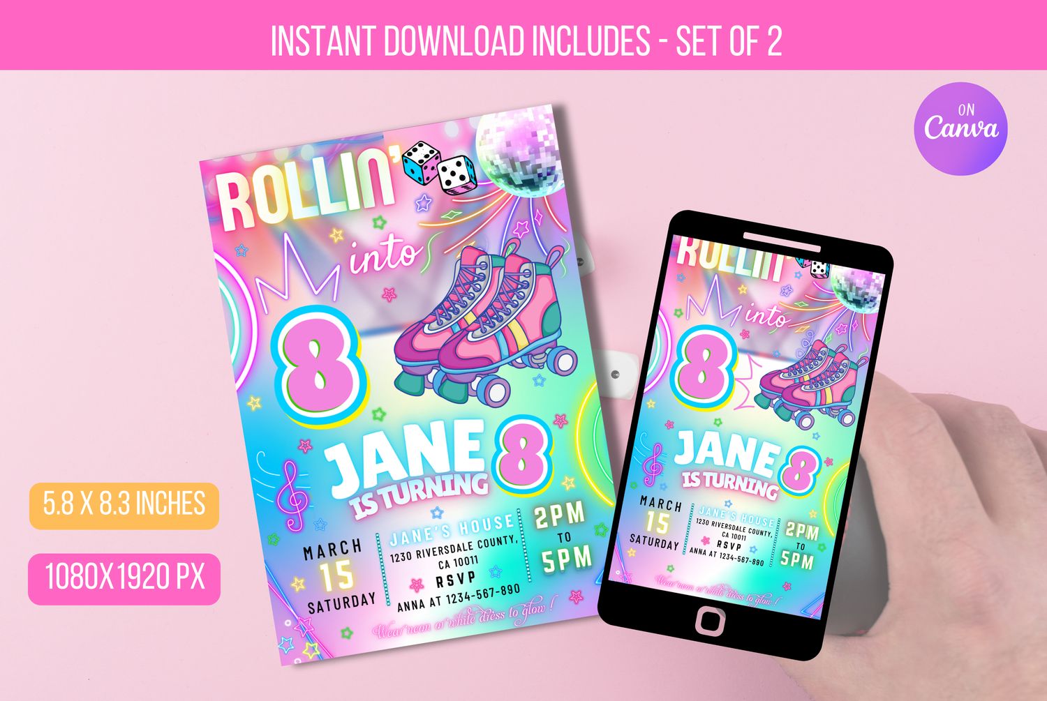 Editable Roller Skating Birthday Invitation, Rainbow Rolling Into 8 Years Old, Retro Neon Glow Skate Party Invite Instant Download