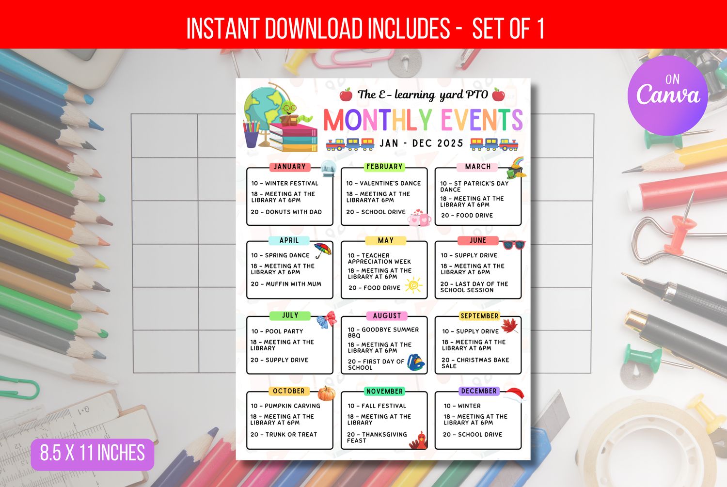 Editable Monthly Event Calendar Flyer Template, Year at a Glance, School Year Fundraiser Event, Volunteer Meeting Agenda