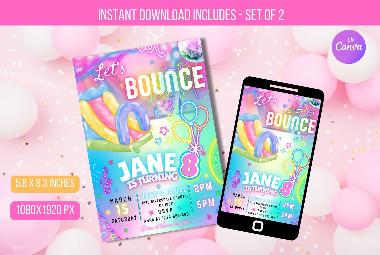 Editable Bounce House Birthday Party Invitation, Bounce Jump And Play Birthday Party, Neon Glow Bouncy Castle Party Instant Download