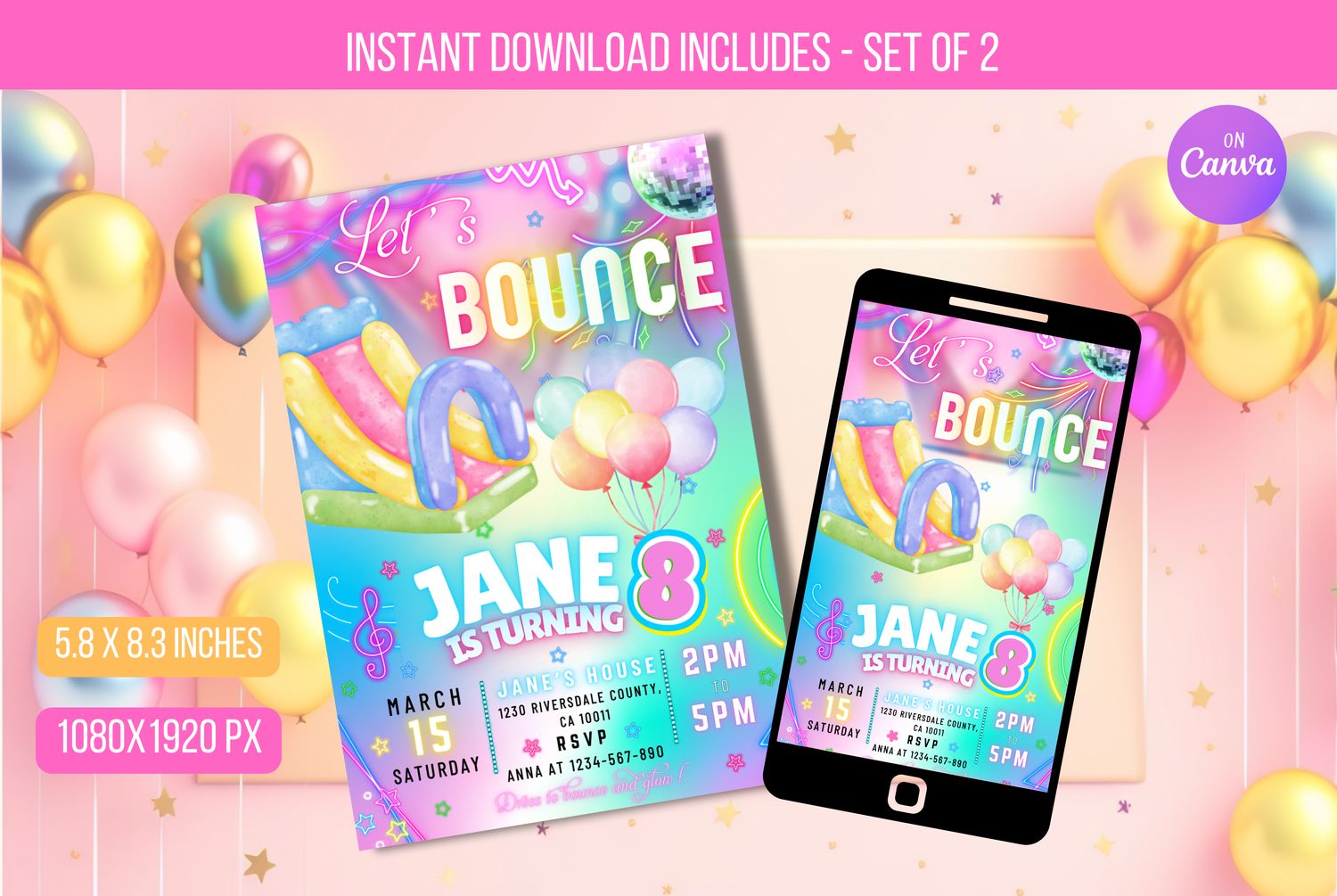 Editable Bounce House Birthday Party Invitation, Bounce Jump And Play Birthday Party, Neon Glow Bouncy Castle Party Instant Download