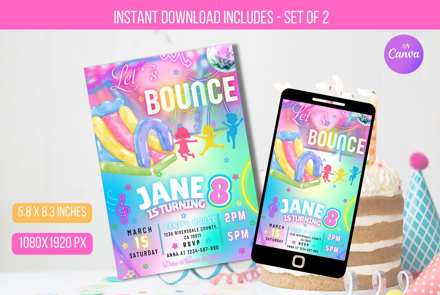 Editable Bounce House Birthday Party Invitation, Bounce Jump And Play Birthday Party, Neon Glow Bouncy Castle Party Instant Download