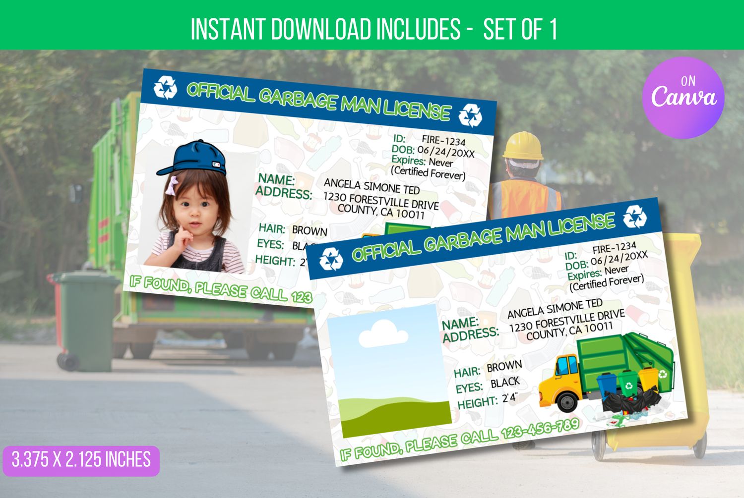 EDITBALE Garbage Man Personalized License, Garbage Man Kids License, Recycling License,  Child Identification Card Instant Download