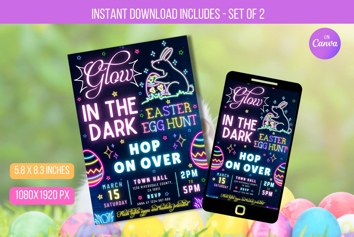 EDITABLE Glow In The Dark Easter Egg Hunt Invitation, Neon Glow Easter Kids Egg Hunt Party , Neon Easter Egg Hunt Party Instant Download