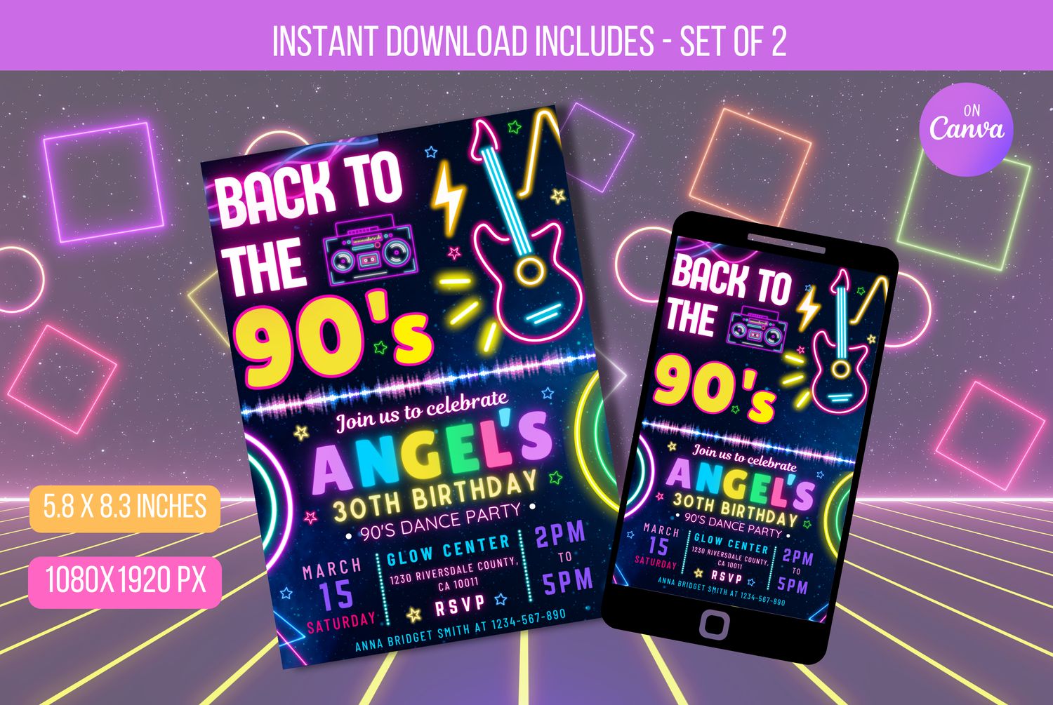 EDITABLE Back to the 90s Birthday Invitation, Ecard, Birthday Invitation, 90s Digital Invitation,  Invitation Retro Instant Download
