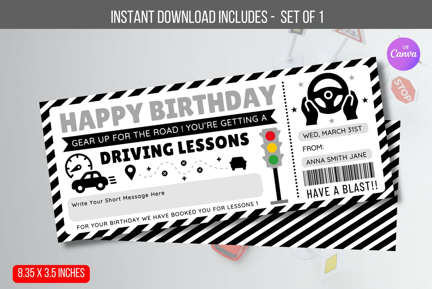 EDITABLE Driving Lesson Gift Voucher, Birthday Surprise Driving School Gift Voucher Ticket, Voucher Ticket, Teen Gift Idea Learn To Drive