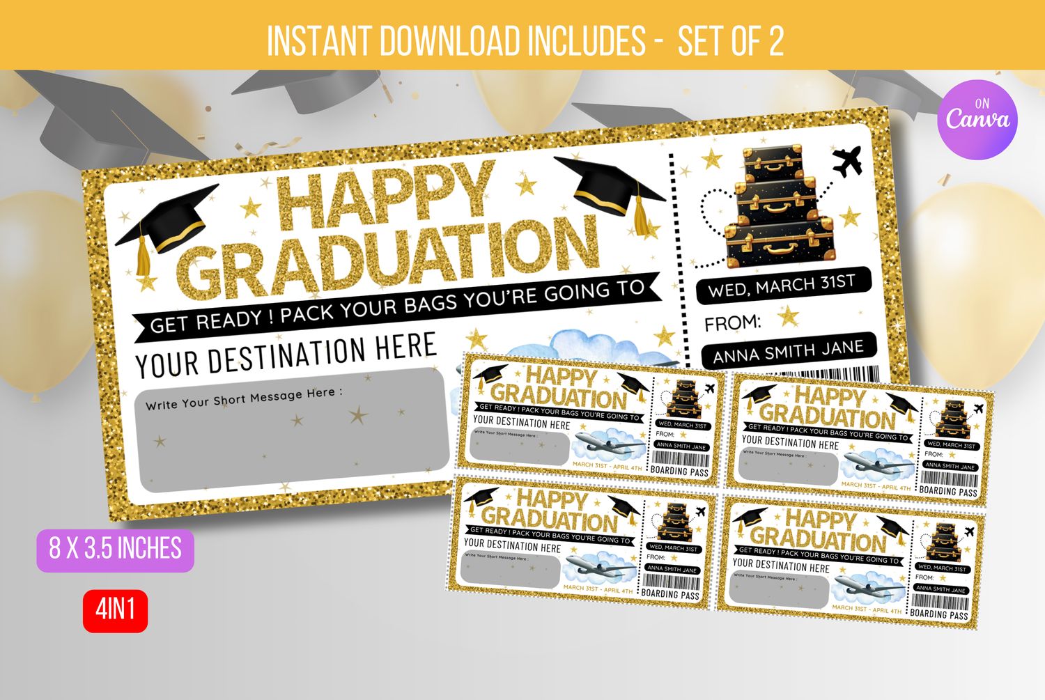 EDITABLE Graduation Boarding Pass Ticket, Graduation Gift Ticket, Plane Ticket, Surprise Trip Ticket, Surprise Vacation Instant Download