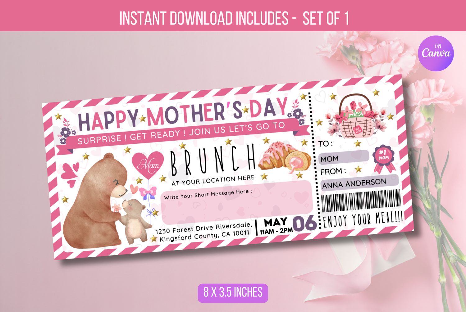 EDITABLE Mother Daughter Brunch Ticket Invitation, Mothers Day Floral Breakfast Luncheon Ticket, Breakfast Gift Voucher Instant Download