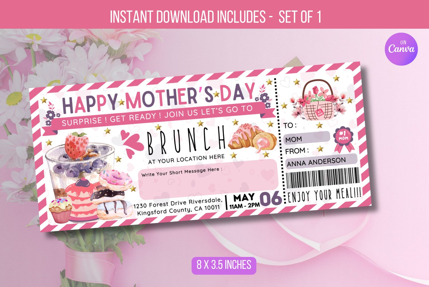 EDITABLE Mother Daughter Brunch Ticket Invitation, Mothers Day Floral Breakfast Luncheon Ticket, Breakfast Gift Voucher Instant Download