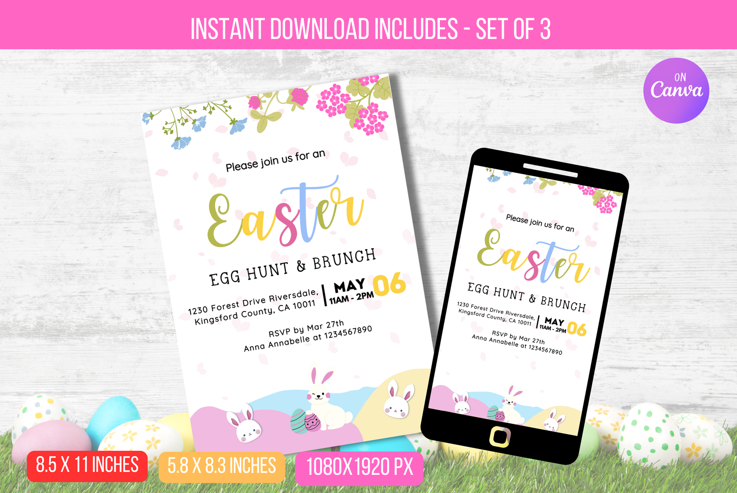 EDITABLE Easter Egg Hunt and Brunch Invitation Flyer, Easter Egg Hunt Invite Bunny and Easter Eggs, Hop On Over Celebration Instant Download