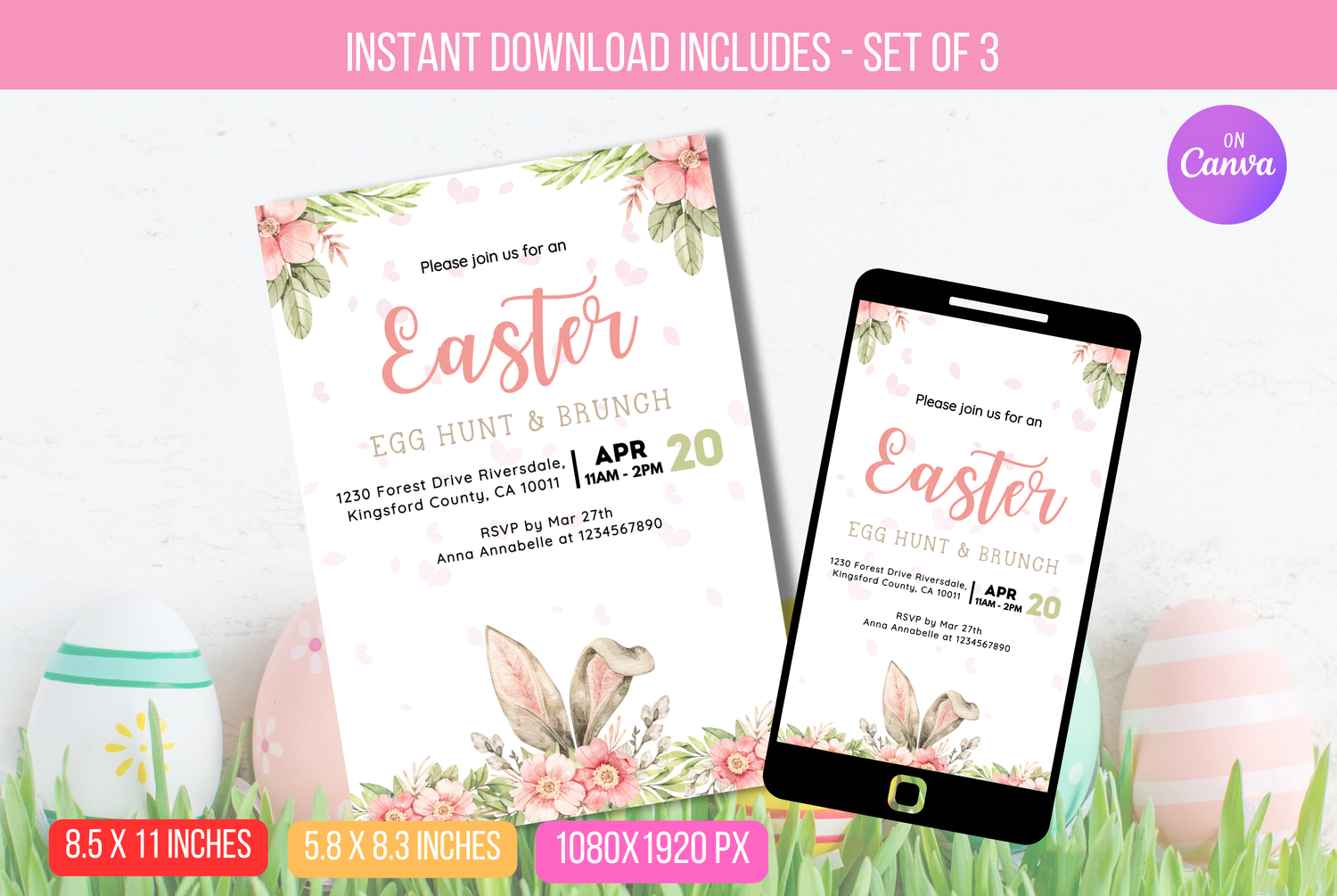 EDITABLE Easter Egg Hunt and Brunch Invitation Flyer, Easter Egg Hunt Invite Bunny and Easter Eggs, Hop On Over Celebration Instant Download
