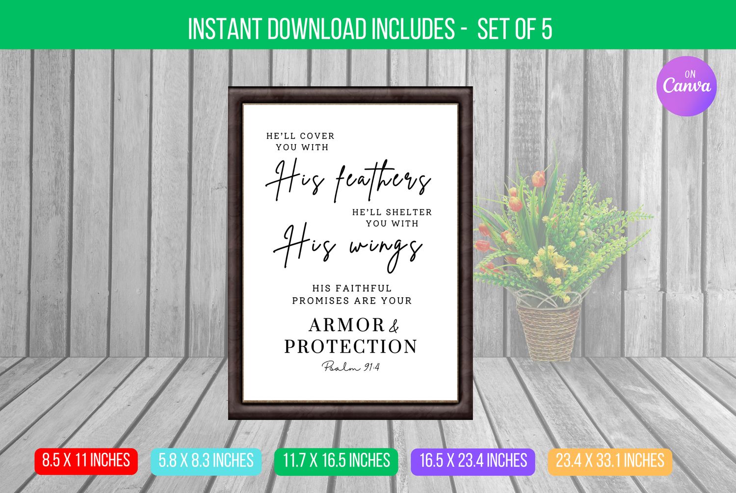 EDITABLE He Will Cover You With His Feathers, Psalm 91:4, Modern Christian wall art, Scripture art, Bible Verse Digital Download