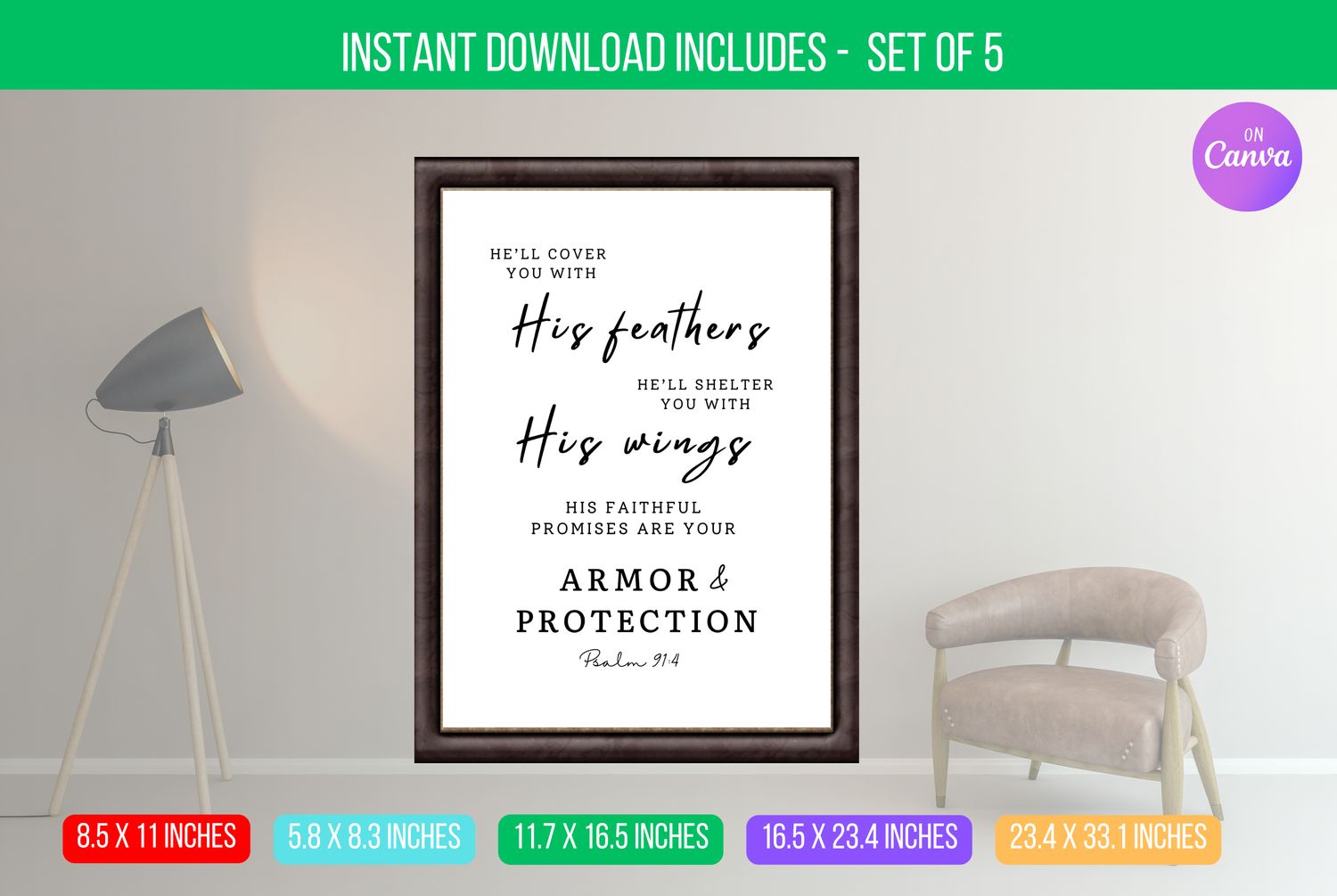 EDITABLE He Will Cover You With His Feathers, Psalm 91:4, Modern Christian wall art, Scripture art, Bible Verse Digital Download
