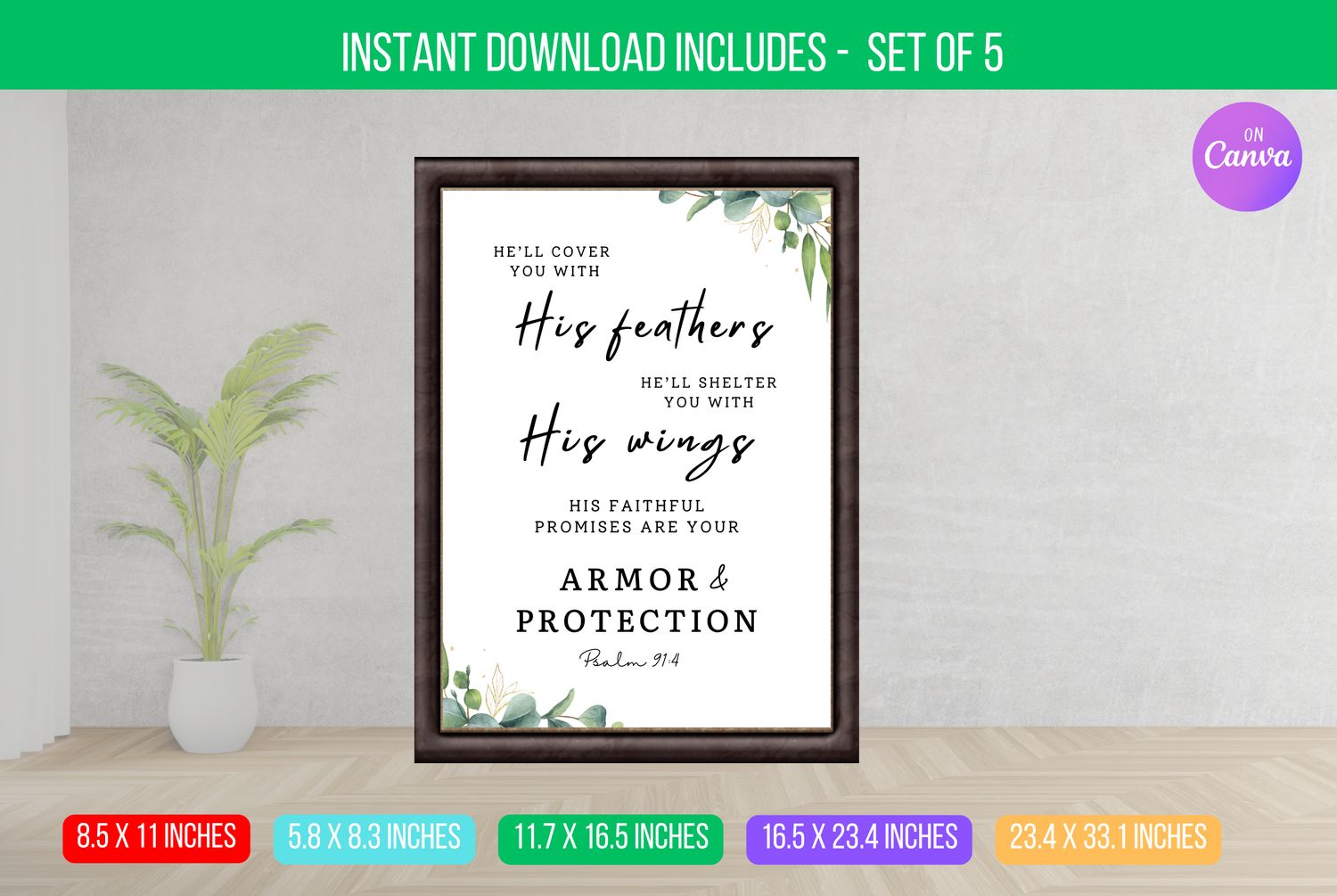 EDITABLE He Will Cover You With His Feathers, Psalm 91:4, Modern Christian wall art, Scripture art, Bible Verse Digital Download